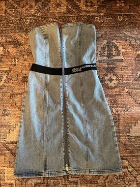 Karl Lagerfeld Denim Strapless Dress with Black Logo Band